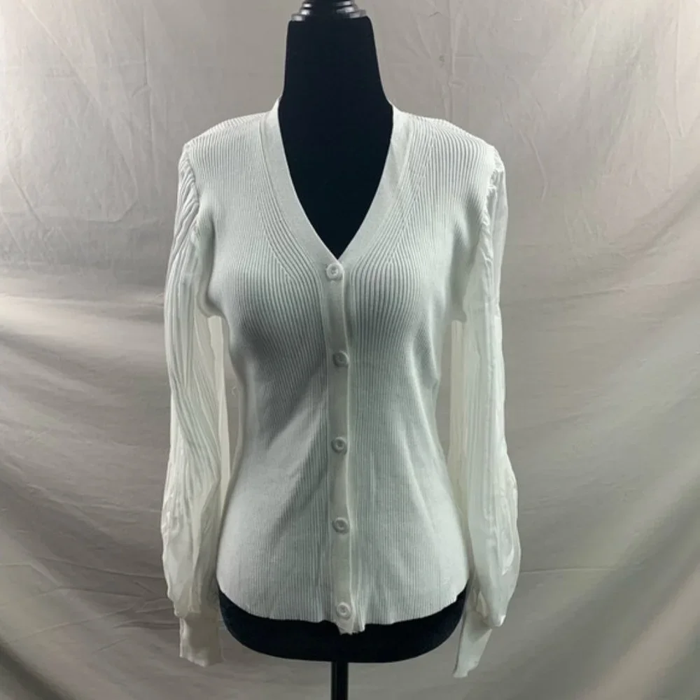 White Pleated Sleeve Button Front Ribbed Knit Cardigan - Picture 5 of 6